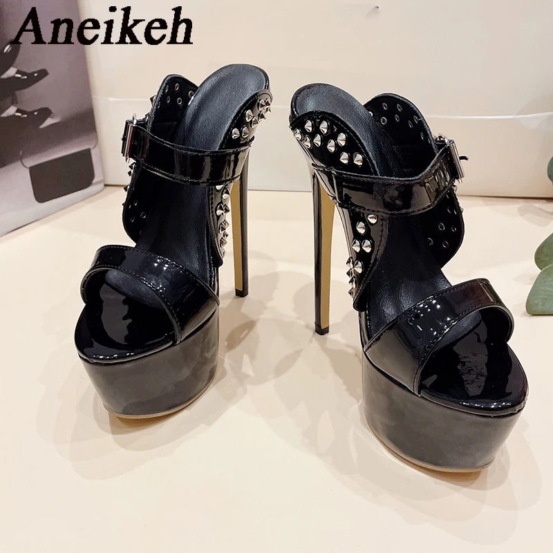 Aneikeh Sexy Fashion 16CM High Heeled Thick Platform Mules Sandal Rivet Buckle Strap Cross Dressing Party Shoes Black