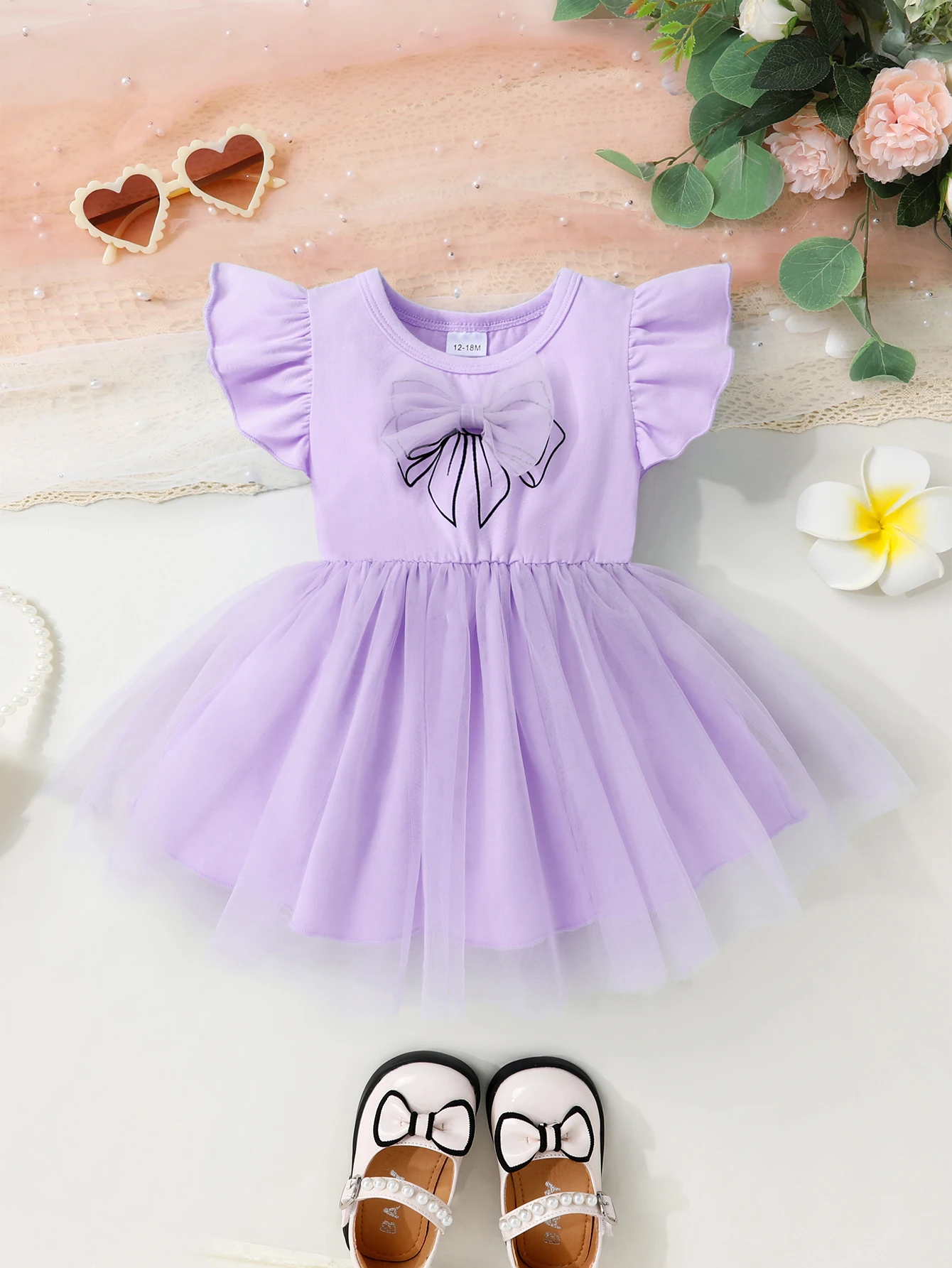 

Baby Girl Purple Tulle Dress Bowknot Ruffle Sleeve Princess Dress Kids Party Birthday Wedding Dress