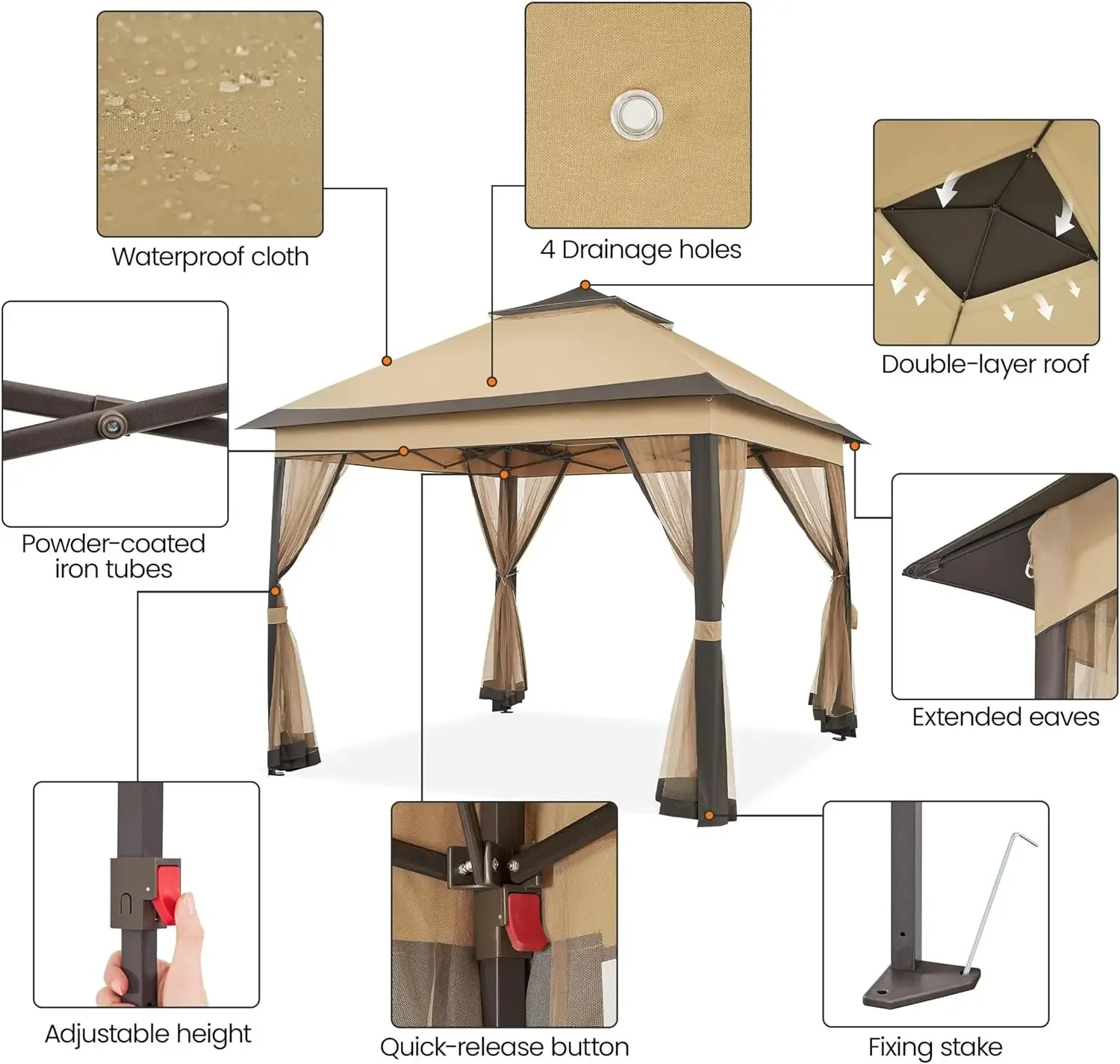 Pop Up Gazebo kanopi luar ruangan, Gazebo instan, tenda kanopi naungan matahari dengan 4 kantung pasir, tingkat ganda & jaring jaring