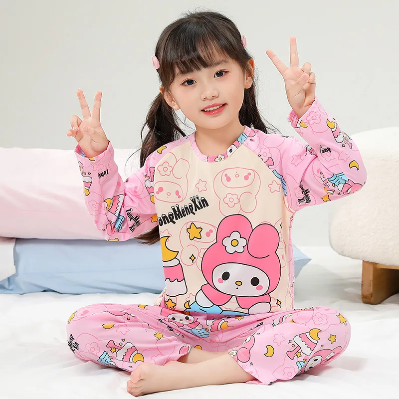 Sanrio Kuromi Pochacco Children Longwear Kawaii Hello Kitty My Melody Round Neck Long Sleeve Pajamas Cartoon Kid Home Suit Set