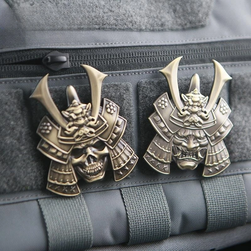 Japanese Ghost Warrior Metal Morale Badge Skull Vintage Hook&Loop Patches for Clothing Backpack Tactical patch Decoration