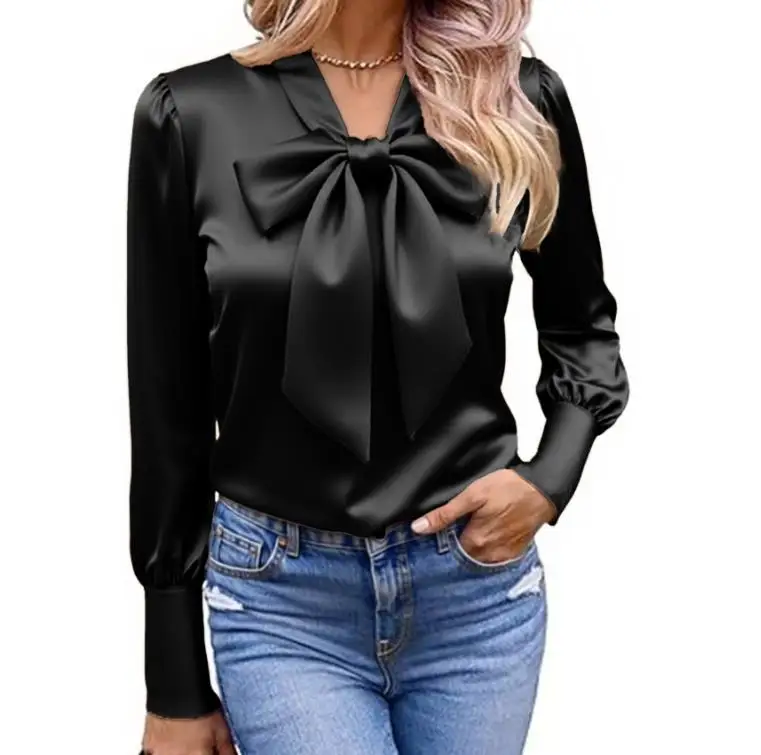 

Women Blouse 2026 Spring Autumn New Solid Color Casual Versatile Bow Tie Satin Long Sleeved Loose Fit Daily Shirt Top