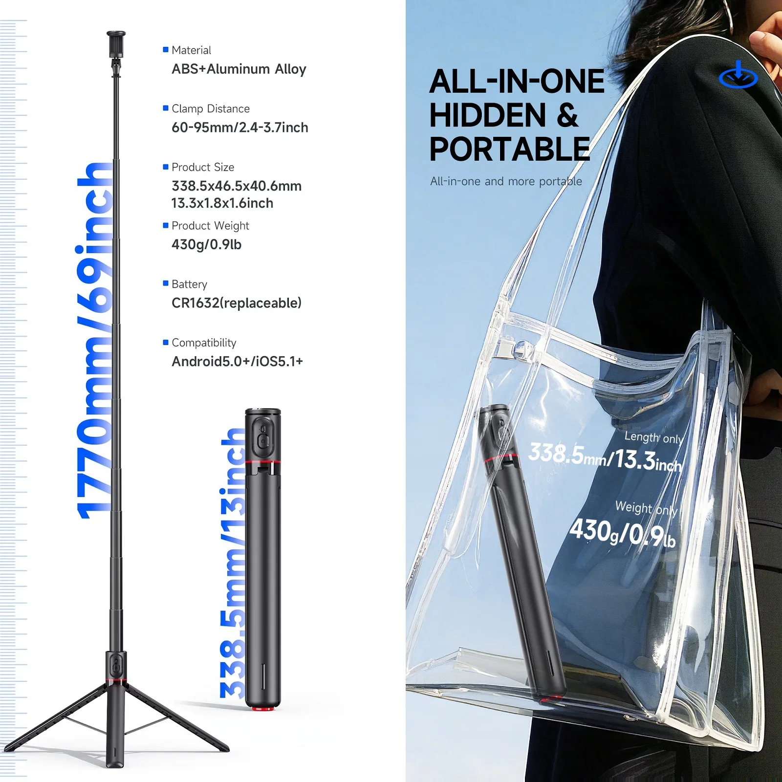 Automatic Pop-Up Selfie Stick Tripod TT01 Aluminum Alloy Extension Rod with Magnetic Remote Travel Portable Floor Phone Holder