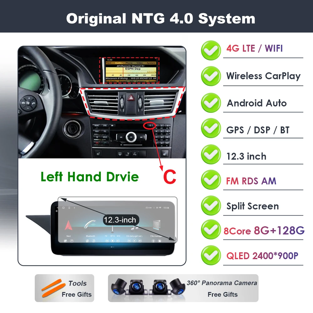 Draadloze Carplay voor Mercedes Benz E-Klasse W212 2009-2015 Android 16 autoradio video DSP stereo GPS QLED touchscreen 4G WiFi BT