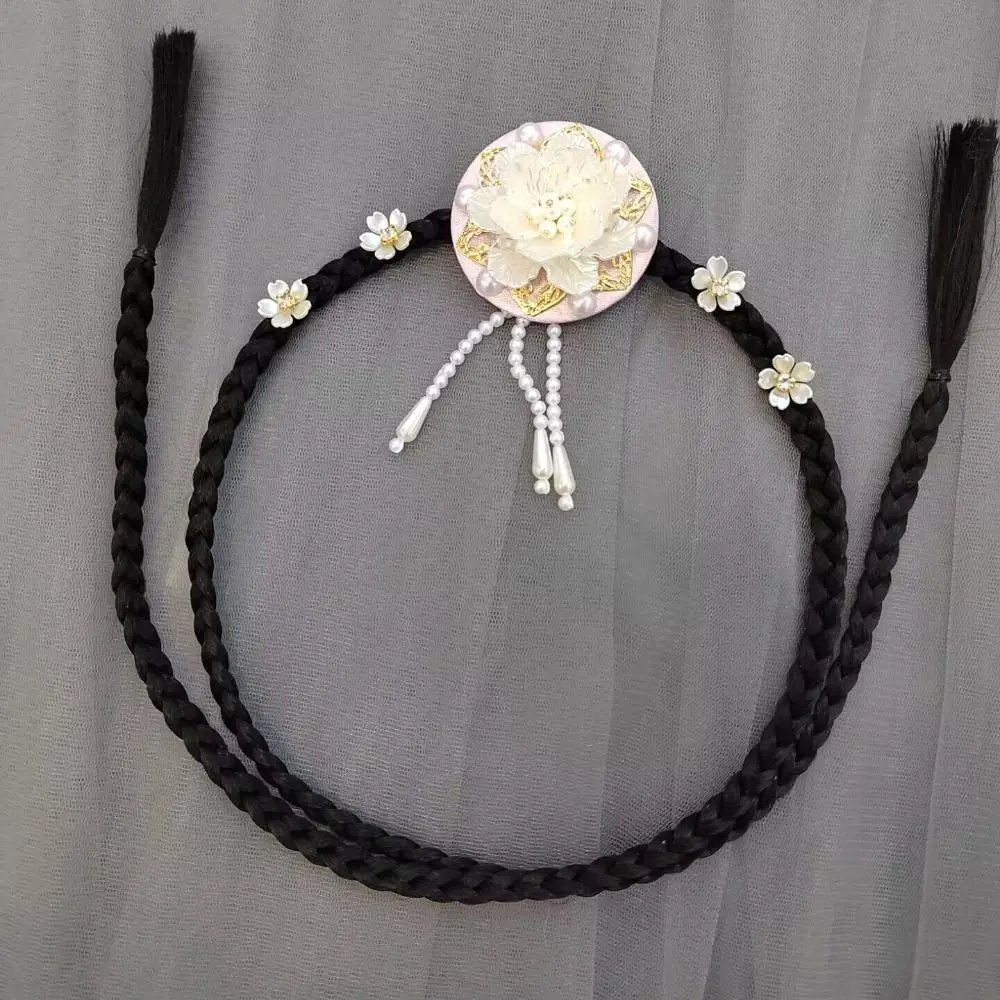 Sweet Flower Hanbok Wig Headdress Pearl Tassel Korea Ethnic Style Hairband Elegant Classical Stage Dance Hair Hoop Bride