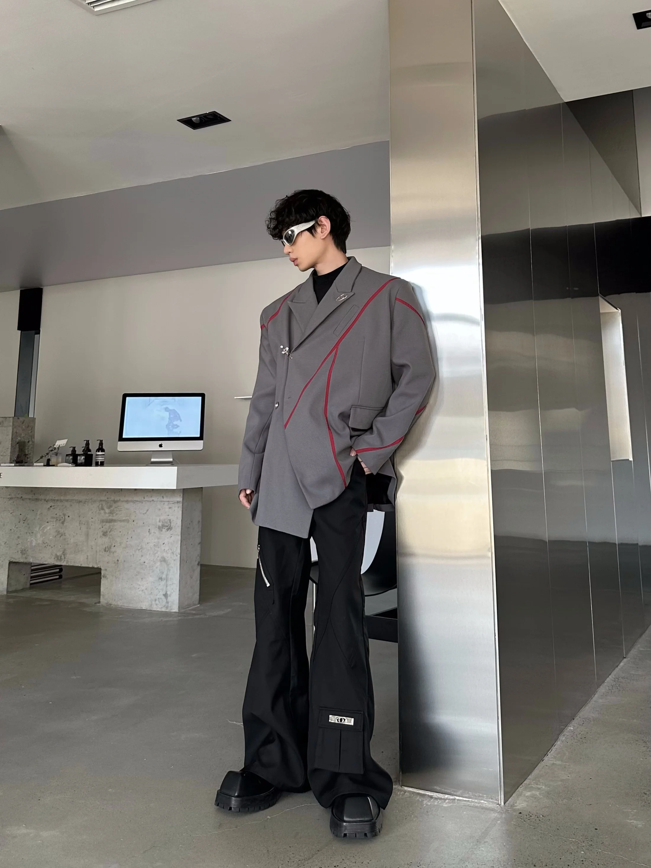 Metallic Aircraft Buckle Suit Jacket Youthful Casual Style Patchwork Color Block Pleated Design Loose Fit Long Sleeve Coat