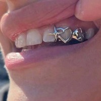 Punk Hip Hop Hollow Heart Teeth Caps for Women Men Vintage Silver Color Double Love Star Tooth Grills Couple Jewelry Accessories