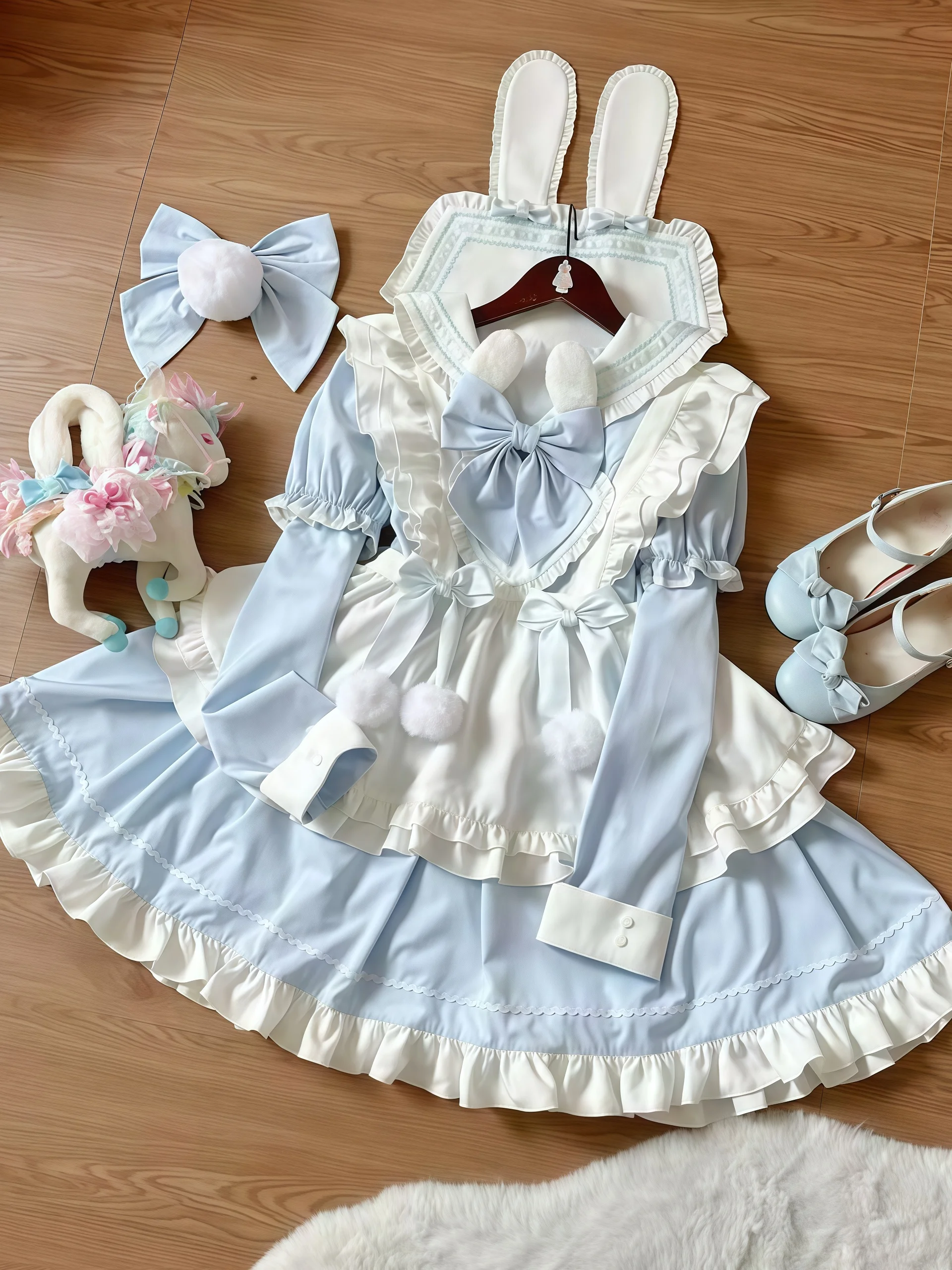 Sweet Cute Maid Uniform Cosplay Skirt Lolita Style Waist Cinched Dress with Apron Elegant Princess Dress for Girls