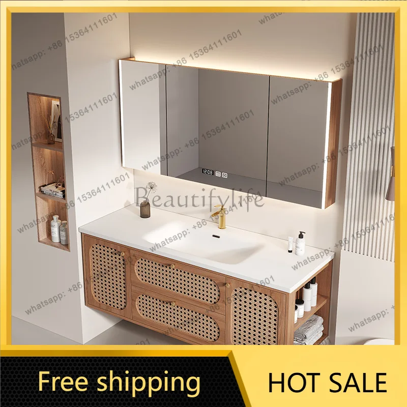 LDVintage Rattan Bathroom Vanity with Sink Feeling Keriai Whole Washbasin Combination American Bathroom Cabinet