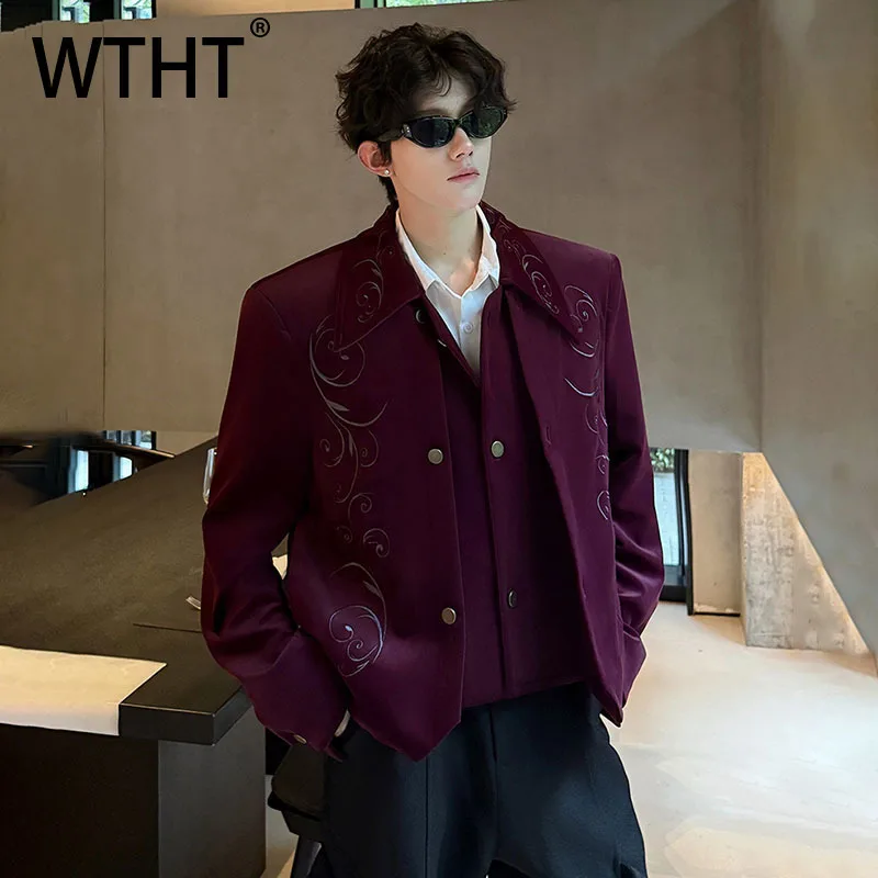 

WTHT Fashion Men's Embroidery Fake Two-pieves Design Blazer Coats Trendy Lapel Long Sleeves Loose Jacket Male 2025 Autumn 2A2062