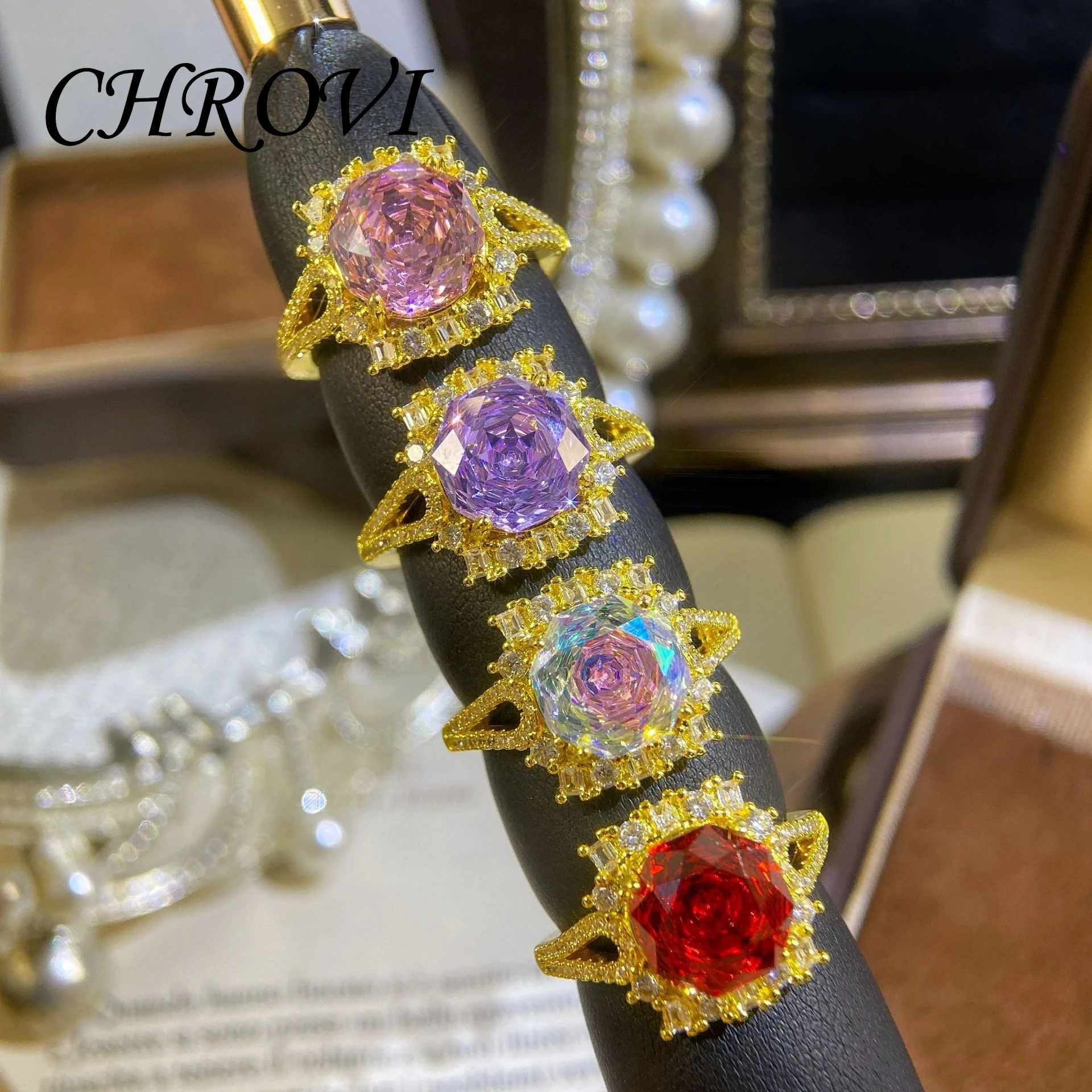 Light Luxury 925 Sterling Silver Octagonal Millennium Rose Cubic Zirconia Ring Fully Paved with Purple Zircon