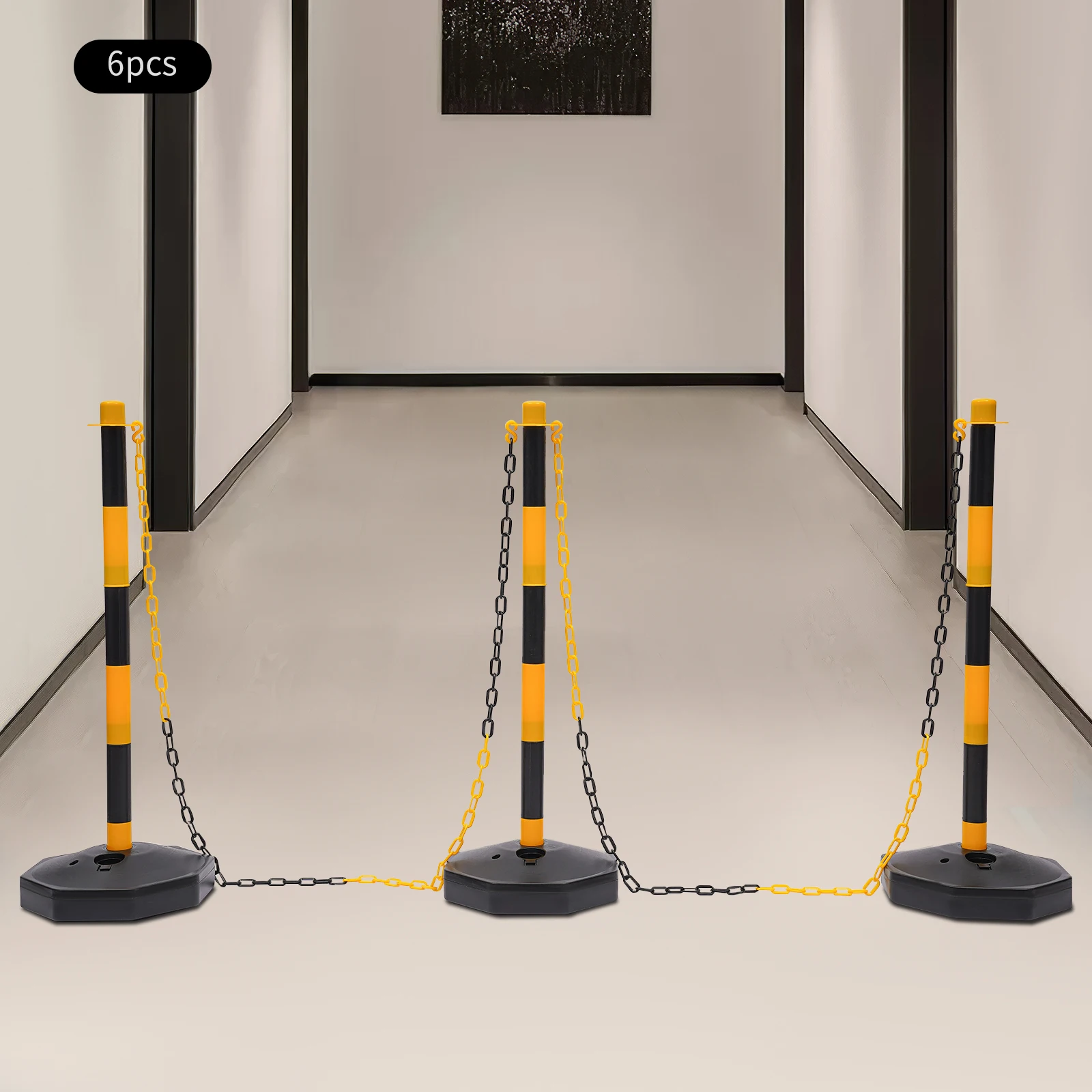 6Pcs Safety Warning Bollard Parking Pole Safety Traffic Bollard Post Fillable Base 2m Chain for Traffic/Pedestrian Control