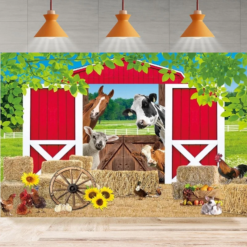 Farm Animal Photography Backdrop Red Barn Door Straw Background Barnyard boy Girl Birthday Home Party Backdrop Wall Banner Decor