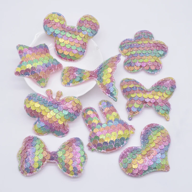 

10 шт., блестящие радужные блестки, мышь, бабочка, корона, звезда, сердце, цветок, хвост русалки, аппликации в виде кролика для рукоделия, заколка для волос, декор