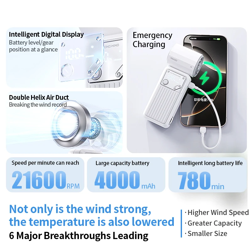 Mini Handheld Fan 4000mAh Pocket Portable High-speed Brushless Motor With Digital Display Outdoor Travel Cooling Turbo Jet Fan