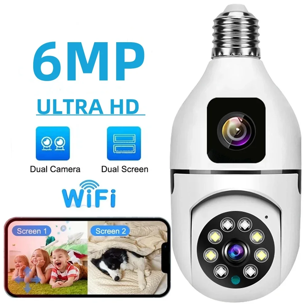 

New E27 Bulb Wifi Dual Lens Camera 6MP PTZ Surveillance Cameras CCTV Indoor IP Cam Security Smart Home AI Tracking Baby Monitor