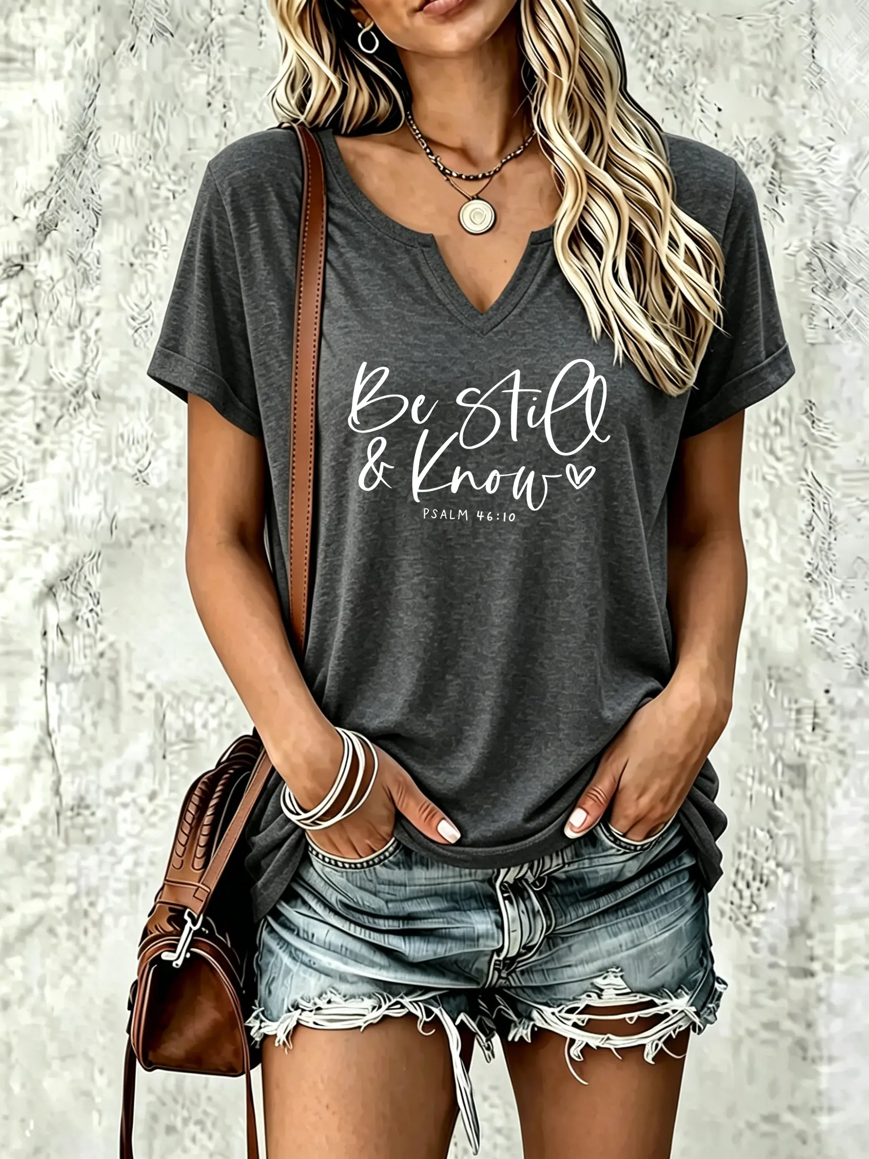 Women Notched V‑Neck Short Sleeve T‑Shirt, Be Still & Know Script Print Psalm 46:10 Bible Verse with Tiny Heart Casual Tee