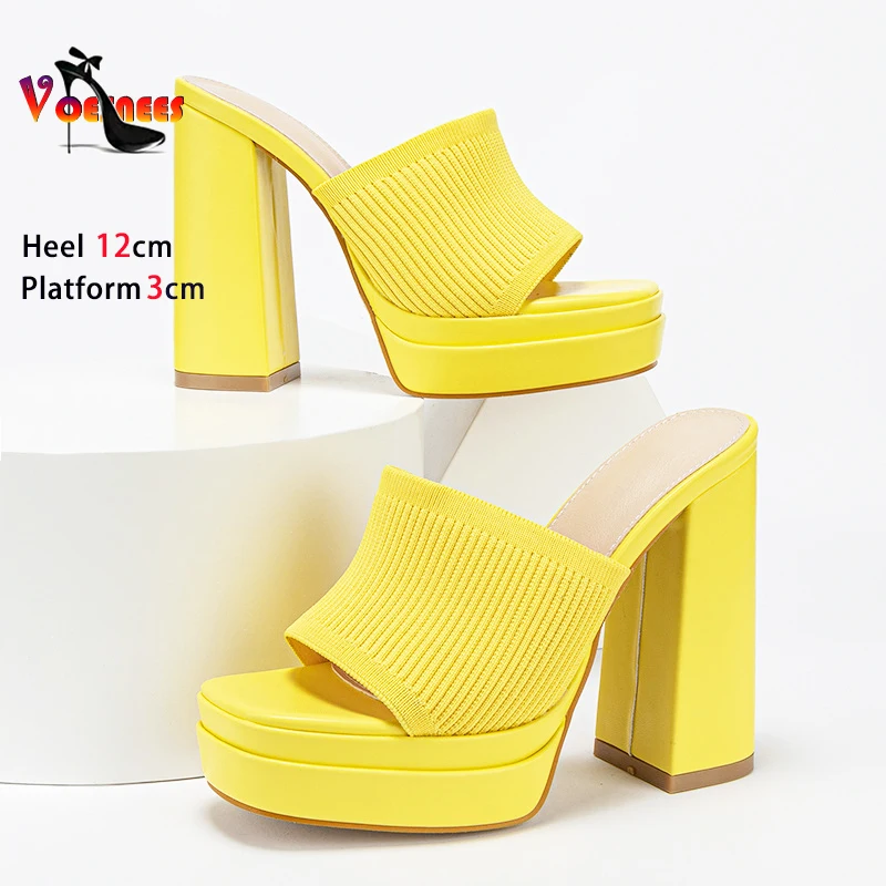 Summer Slippers Women Thick Platform High Heels Fashion Knitting Outdoors Lady Shoes Mules 12CM Slides Yellow Square Toe Sandals