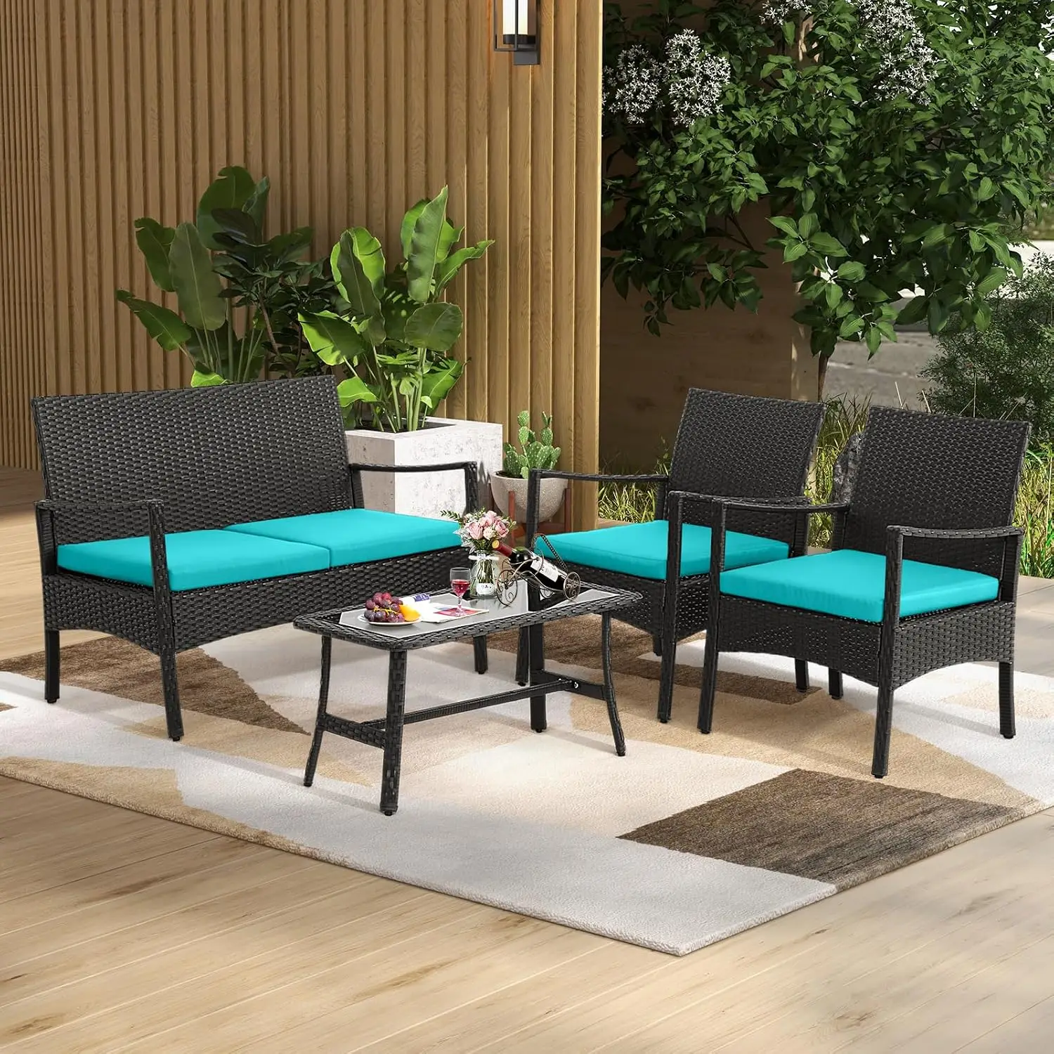 4-Piece Wicker Patio Set, PE Rattan Sofa with Cushions & Glass Table, Outdoor Sectional for Poolside Backyard Garden, Customized