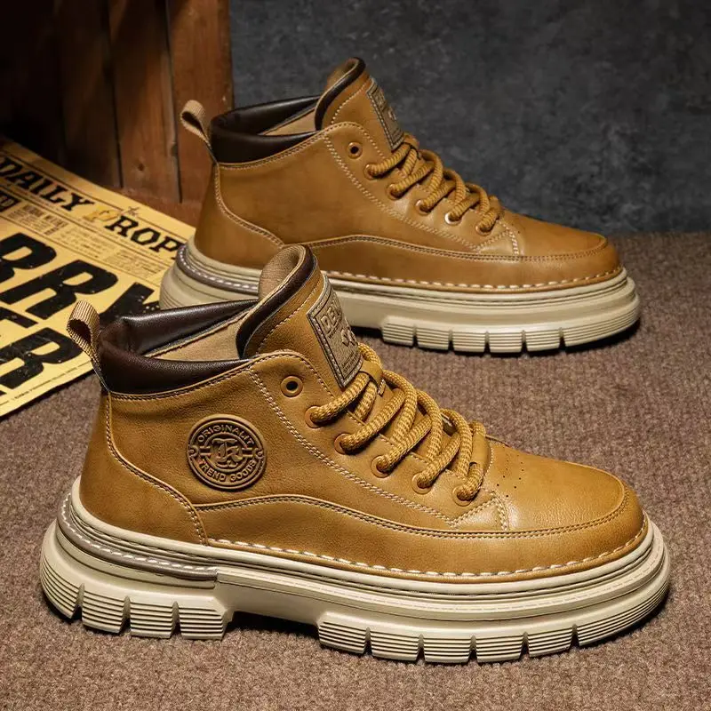 Boots men's high top autumn British style retro men's casual leather shoes mid top height increasing workwear boots