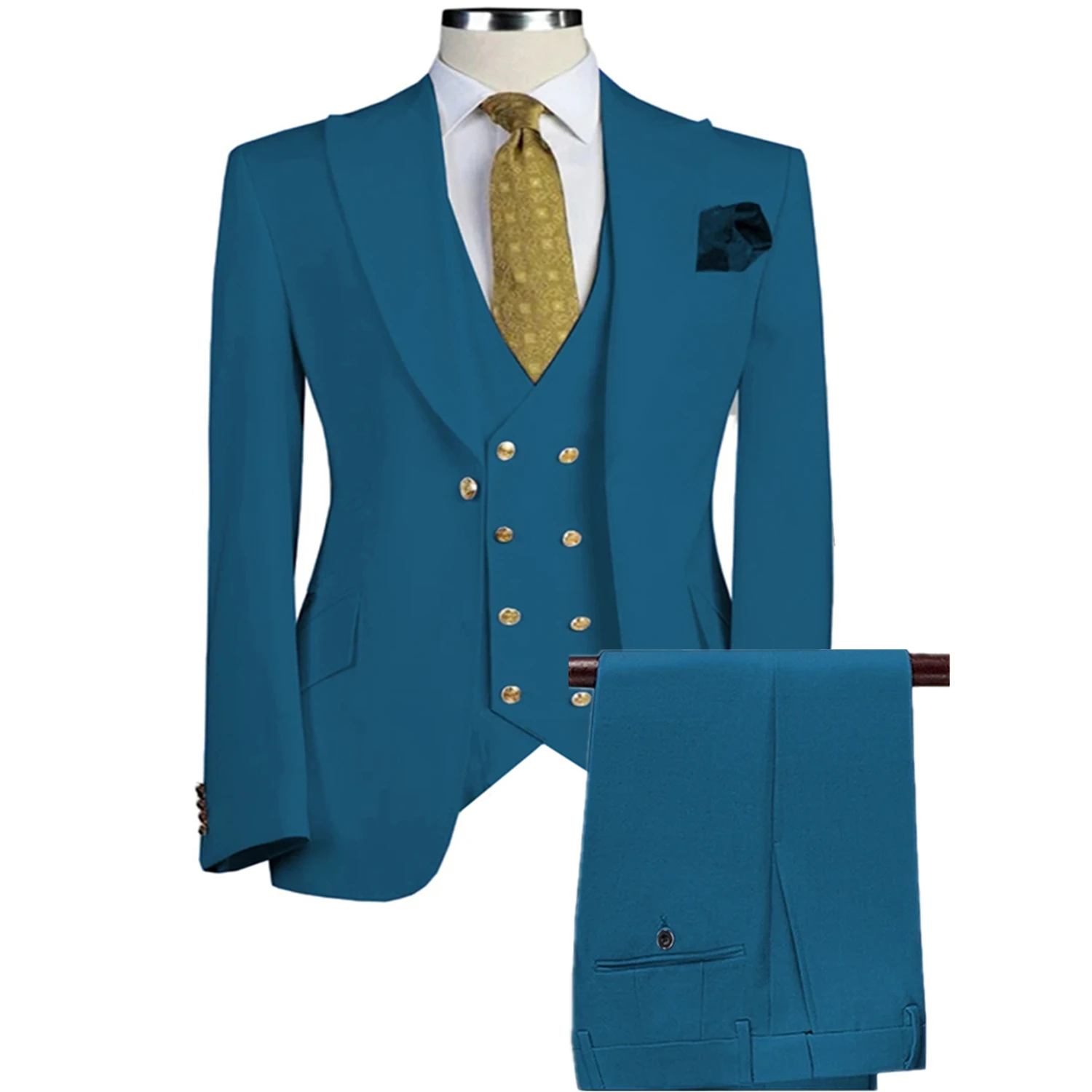 2023 Fashion New Men Casual Boutique Business Wedding Hosting Performance 3 Pcs Golden Button Suit Blazers Jacket Vest Pants Set