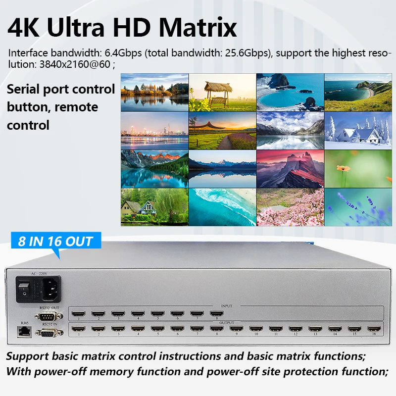 Matrix Switch HD2.0 8x16 4K 60Hz HDCP2.2 Profesional Rack HD-compatible  Splitter 8 in 16 out with HD Audio Video Switcher