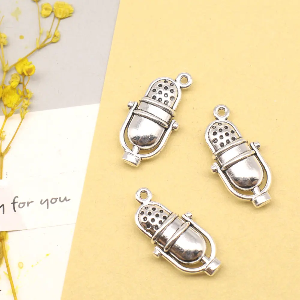 5pcs 14x26mm Microphones Charms Pendants For Earrings Home Decor Crafts Male Jewelry Antique Silver Color