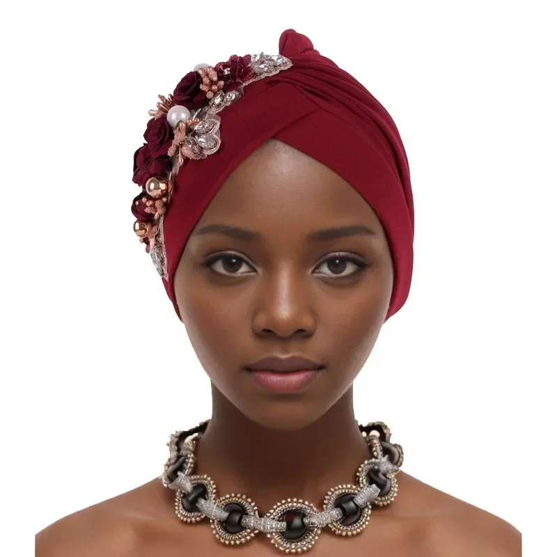 

2025 New Pearl Flower Turban Cap for Women African Headties Auto Gele Wedding Party Headscarf Muslim Hijab Bonnet Headwear Hats