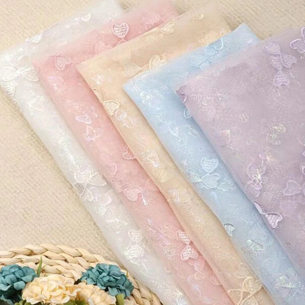 

1Yard Pink/Yellow Mesh Fabric with Gold Bow Embroidery – 1.5m Wide for Kids Dresses, Stage Costumes, Elegant Vintage Style