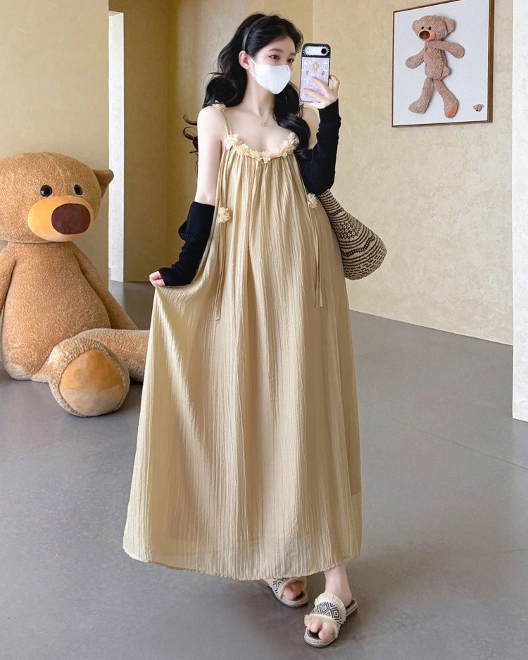 Maternity Suit Summer Casual Vacation Flower Decor Spaghetti Strap Dress and Black Cardigan for Pregnant Women 2026