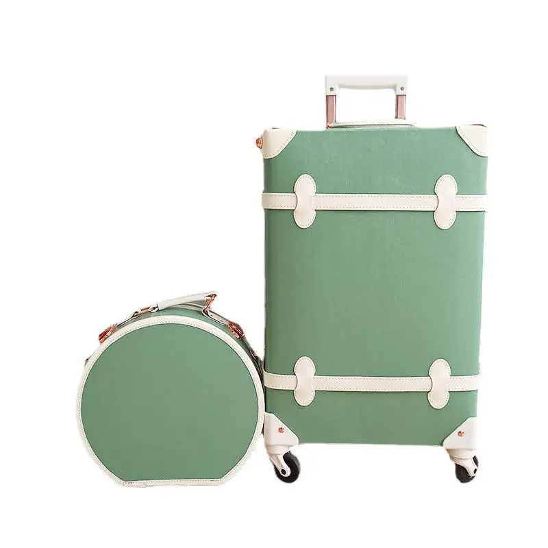 Vintage Suitcase Set of 3 Quality 20\'\' Cabin Bag with Wheels Travel Luggage 13\'\' Mini Make-up Round Handbag PU Trolley Case Gift