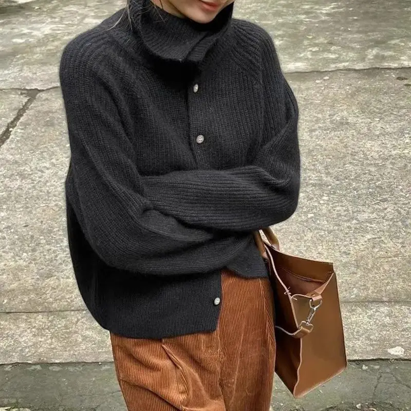 Cardigan lavorato a maglia monopetto tinta unita per donna Primavera e autunno Nuovo maglione versatile a maniche lunghe a collo alto