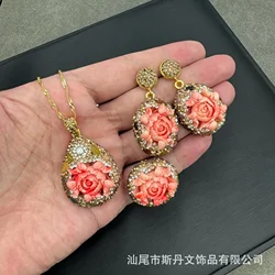 New national style peony flower three-piece set hand-carved high-end jewelry niche light luxury jewelry manufacturer supply