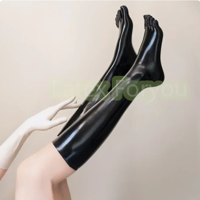 Latex Rubber 3d 5 Tenen Naad Sokken Fetish Zwarte Middelste Knie Sokken Clubkleding Voor Mannen En Vrouwen Catsuit