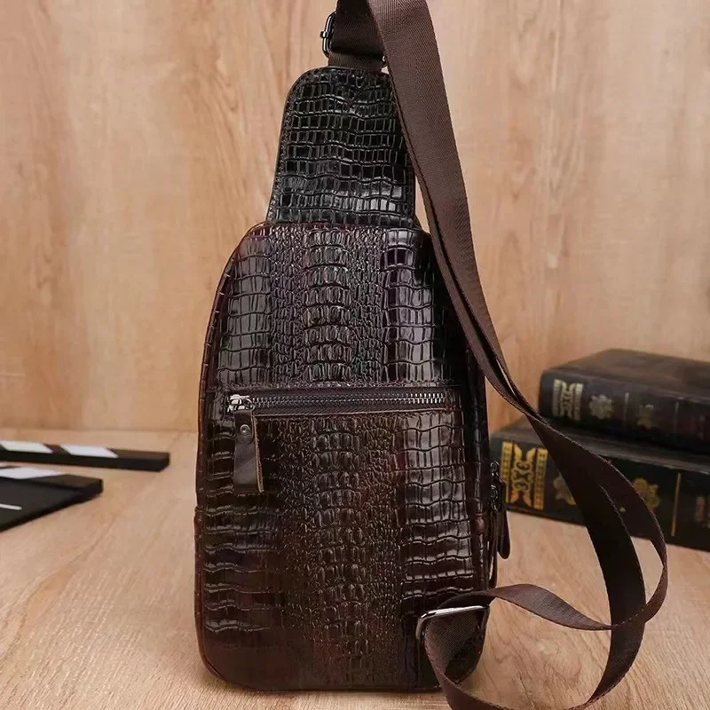 Chest Bag Genuine Leather Shoulder Messenger Pack First Layer Cowhide Tablet CP Storage Package Travel Handbag Crocodile Pattern