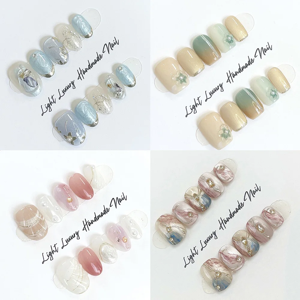 

10PCS Summer Cool Korean-Style Cat Eye Short Round Fake Nail Glitter Powder Flower Pearl Diamond Press-On Nails Hand Accessories