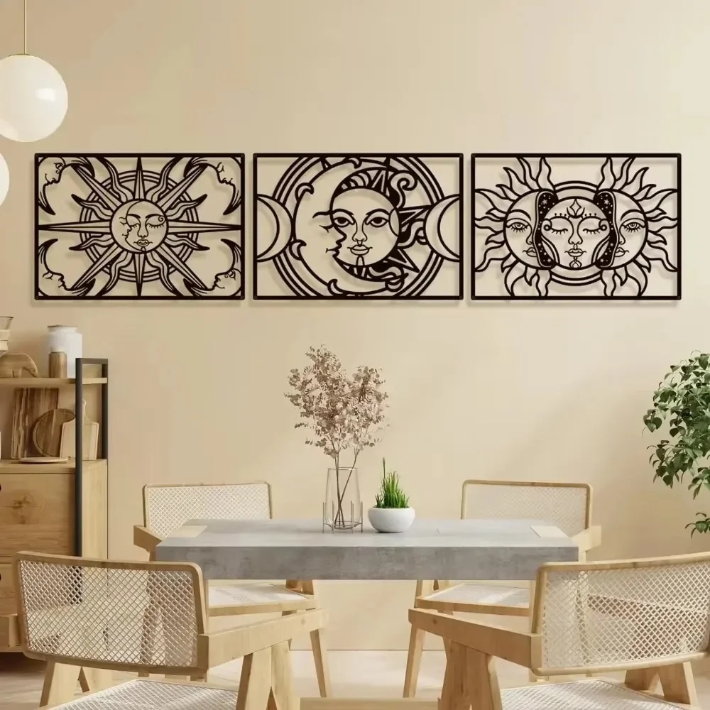 CIFBUY Black Sun Moon Metal Wall Art Durable Rust Proof Indoor Outdoor Home Bohemian Iron Sculpture Decor Gift Plaque