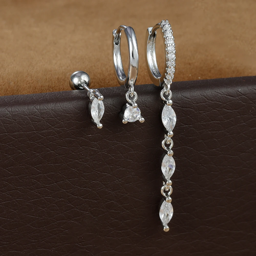 3pcs Vintage Stainless Steel Tassel Geometric Pendant Earrings Set for Women Gold Plated Zircon Cartilage Piercing Ear Jewelry