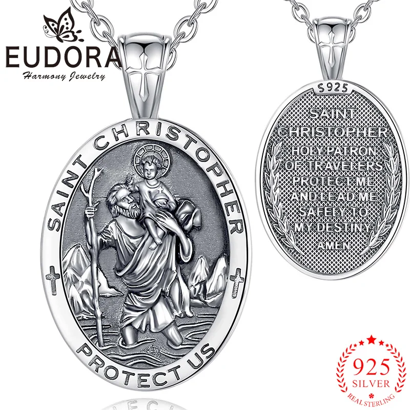 

Eudora 925 Sterling Silver Saint Christopher Necklace Medallion Amulet Cross Pendant Catholic Jewelry Gift for Men Women