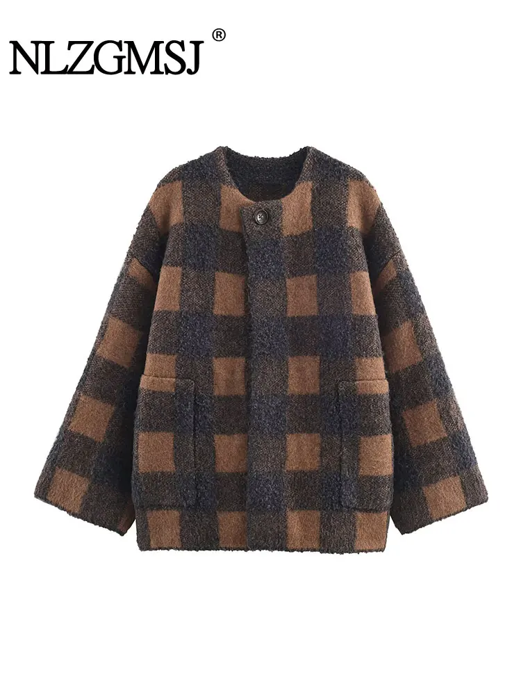 NLZGMSJ Women's Chic Fashion Check Knitted Coat 2025 Autumn Winter Long Sleeve Coats High Street Casual Loose New Jacket