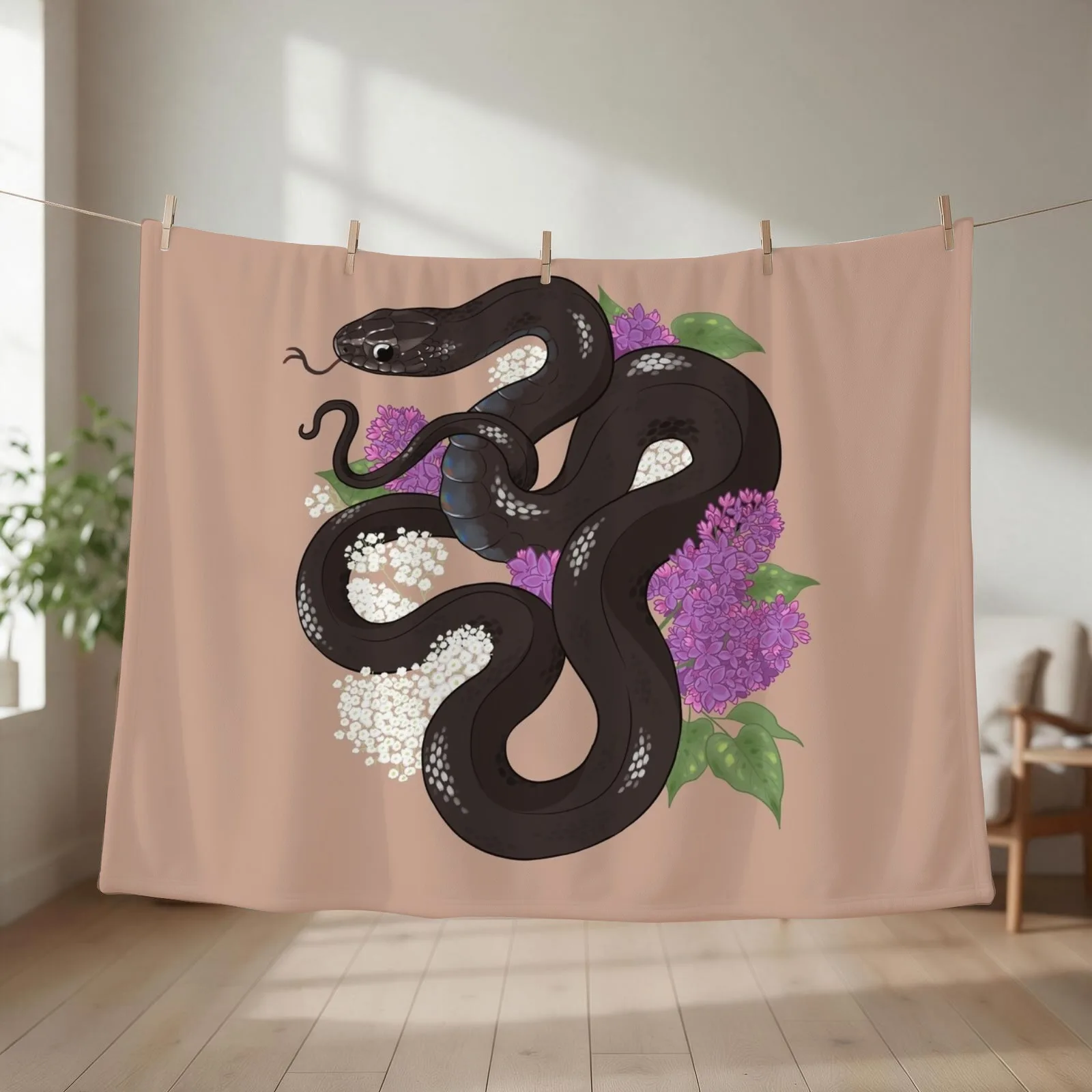 Mexican Black Kingsnake and Lilacs Throw Blanket couch cozy soft plush fuzzy picnic outdoor blanket