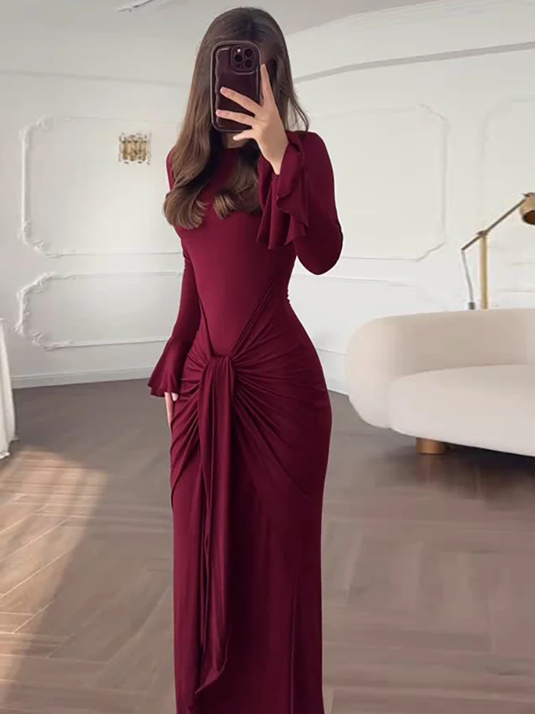 JULISSA MO élégant col rond à lacets femmes robe Maxi marron à manches longues robe drapée automne maigre robe de soirée robes