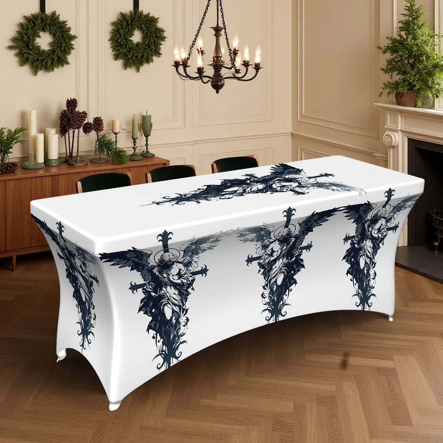 1PC Summer Outdoor Elastic Tablecloth, Elegant Blue Floral & Winged Pattern Digital Print, 4/6/8FT Rectangula