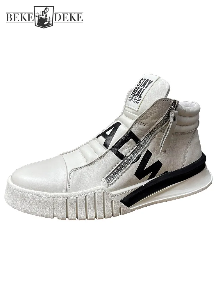 Spring Summer Casual Mens Vintage Design Sneakers Flat Platform High Top Shoes Mens Breathable Lace Up Genuine Leather Shoes