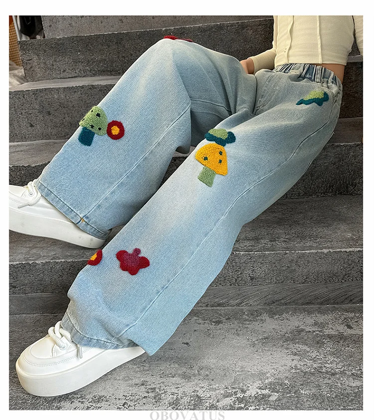 Frühlings-Kinderjeans mit Pilz-Applikationen für Mädchen, Neues Design, Street-Denim-Hosen, Kinder Slim Fit Regular Jeans-Hosen – Detail 4