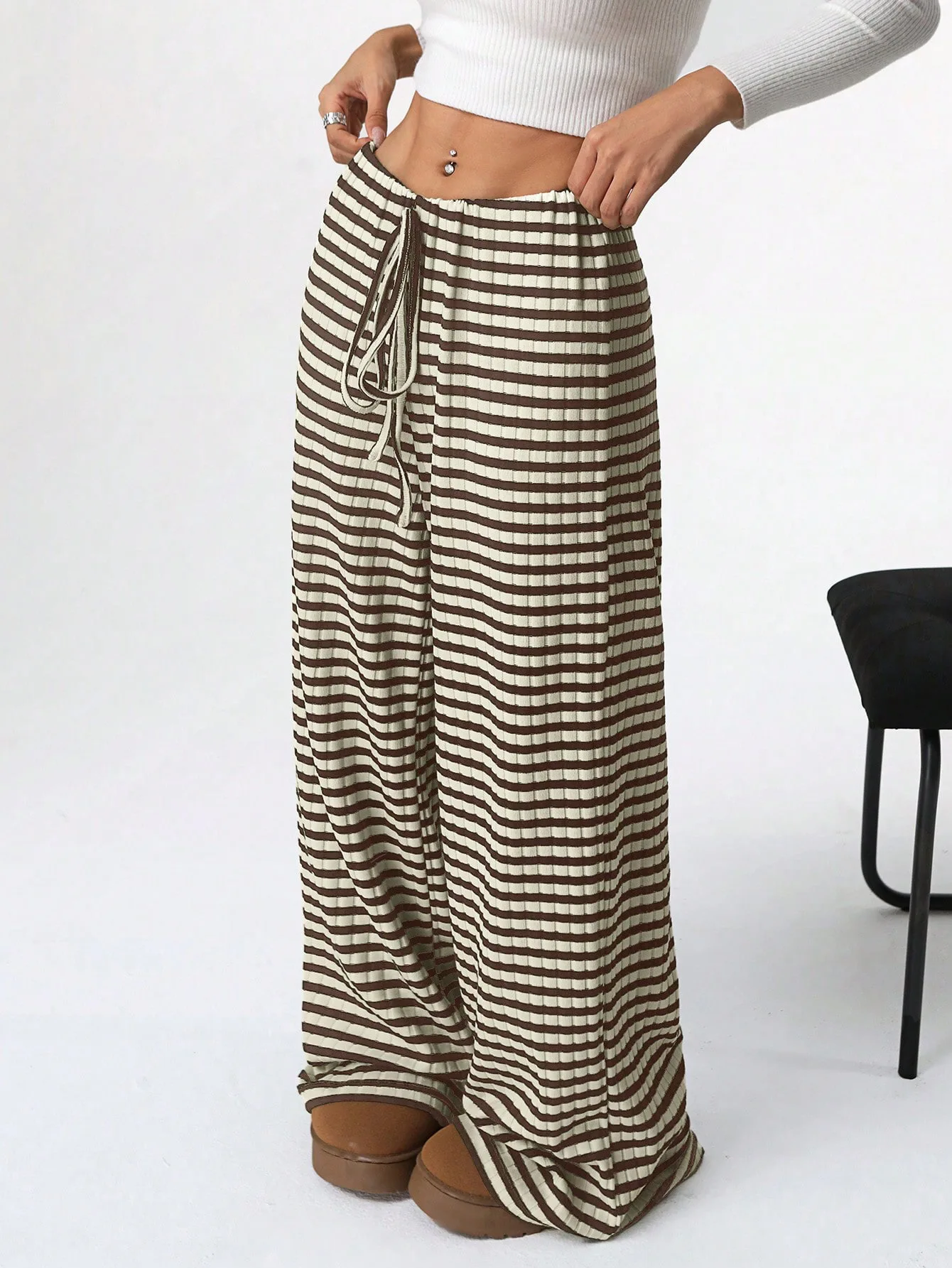 2025 Autumn and Winter Women's New Casual Striped Solid Color Loose Wide Leg Straight Leg Pants