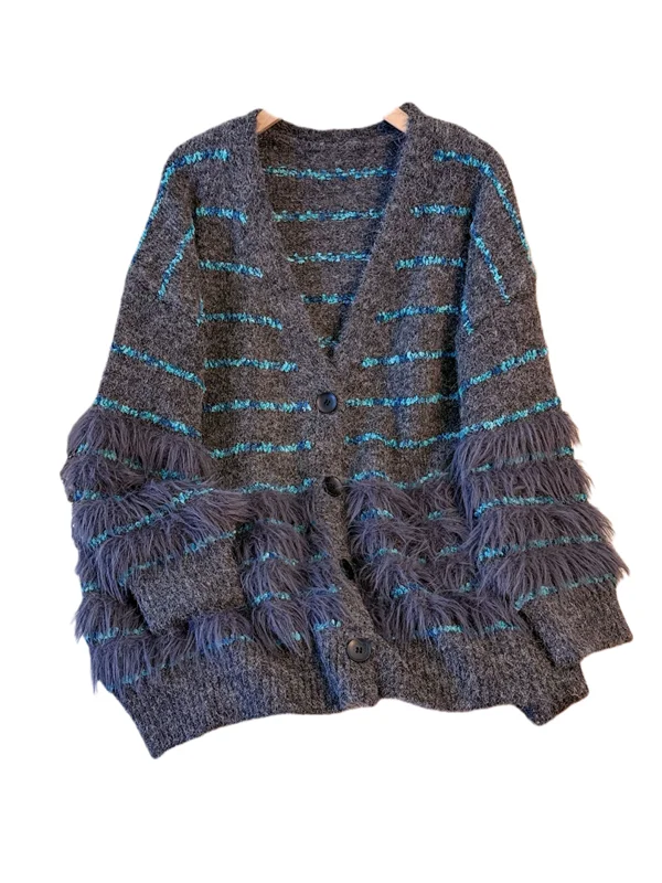 Lu Dzianinowy Sweter-Płaszcz w Paski, Miękki, Wygodny, Dekolt w Serek, Średniej Długości, Zapinany na Jeden Guzik, Jesień-Zima, Nowość, Damski...