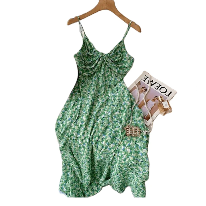 

2024 Women Summer Chiffon Green Print Ruffles Sexy V-Neck Temperament Long Suspender Dress Elegant Vintage Ankle-Length Vestidos