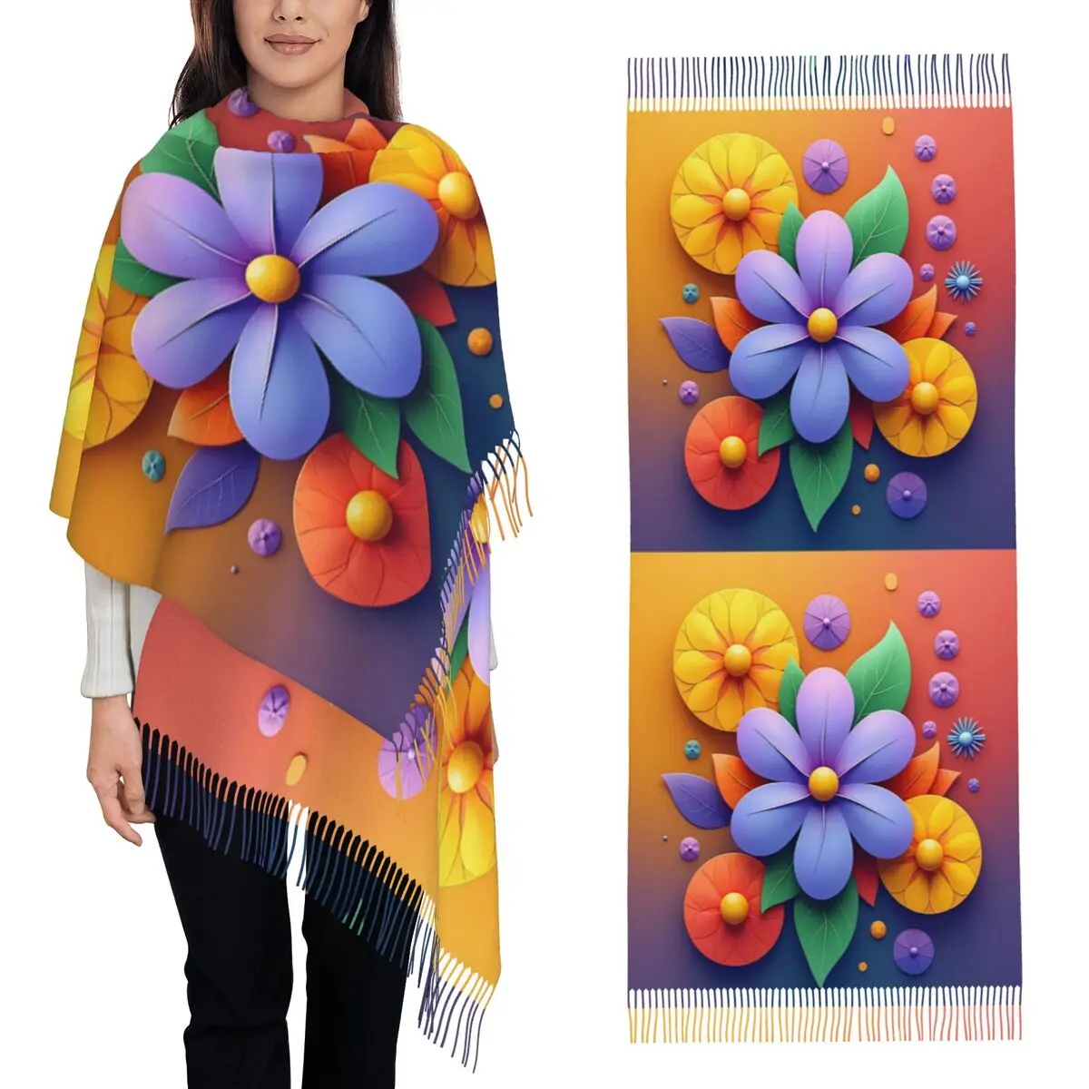 

3D Colorful Flower Design POD Artwork Scarf Tassel Scarves for Women Soft Warm Shawls and Wraps Large Fall Winter Shawl Wrap