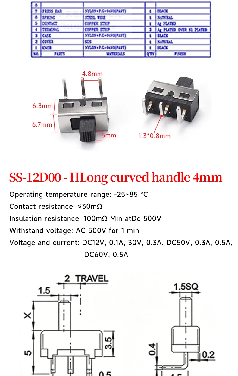 5 Stück Mini-SPDT-Schiebe-Kippschaltergriff 3/5mm MSS-22D018 SS-12D00 SK-22D07 MSK-12C02 SS-12F44 MSK23D19 - Elektronisches Bauteil – Detail 8